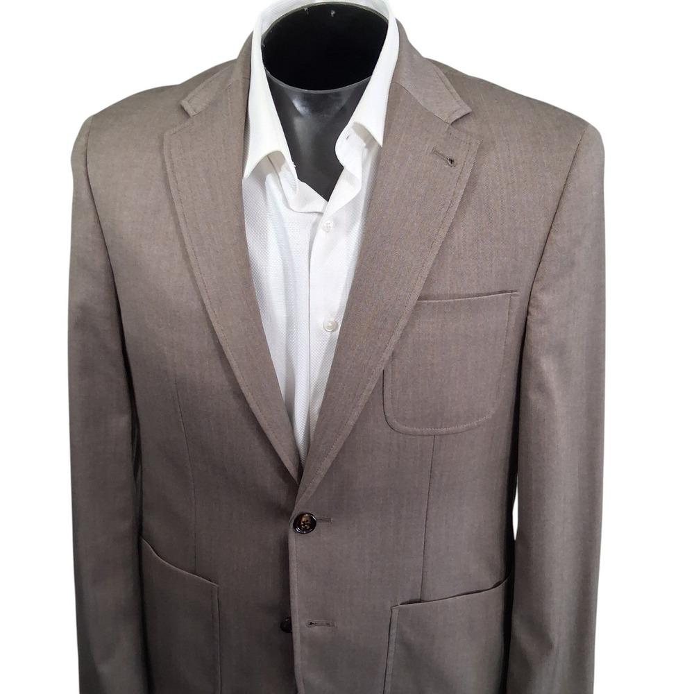 Murano Blazer L Slim Fit Tan Herringbone Unstructured Patch Pocket Double Vent